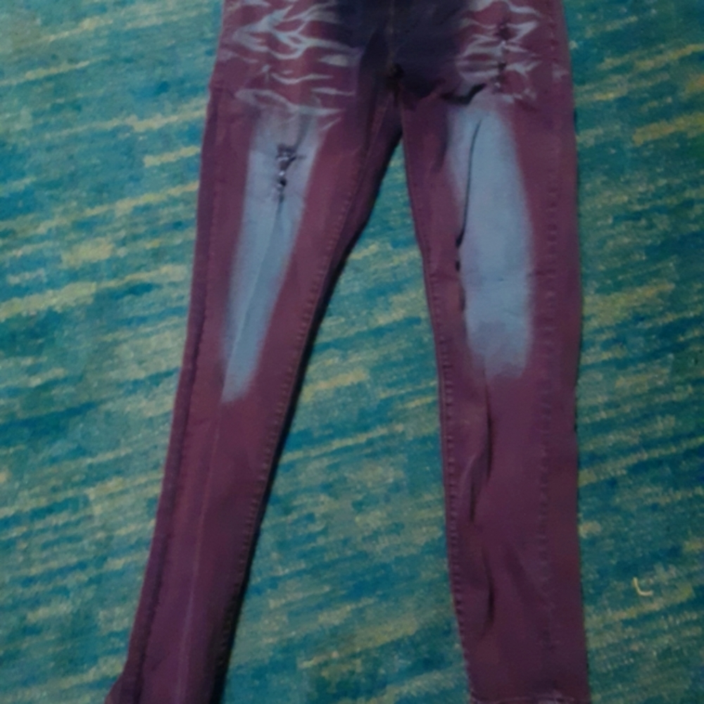 Distressed Jeans Maroon With Blue Coloring
